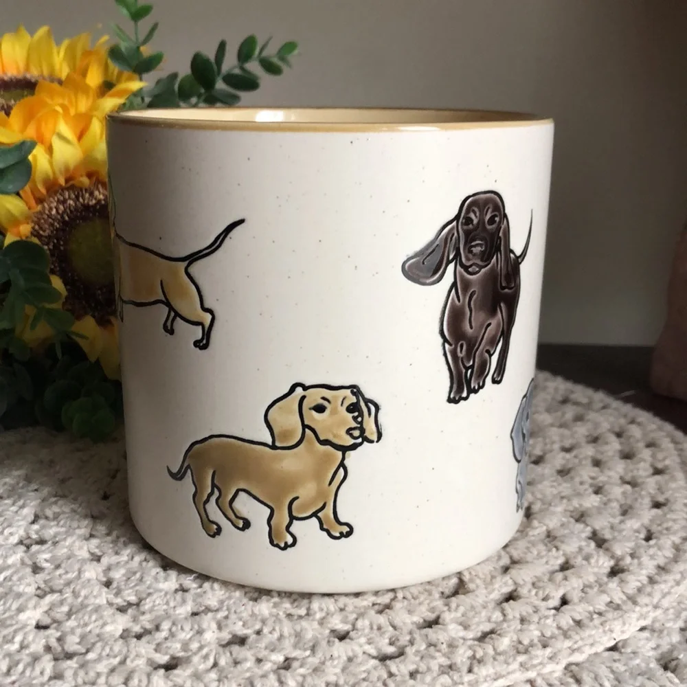 Cream Ceramic Planter Pot with Gray and Brown Dachshund Illustrations
